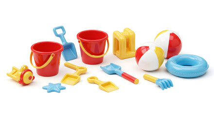 Colorful Collection of Beach Toys Including Buckets, Shovels, and Balls for Summer Fun
