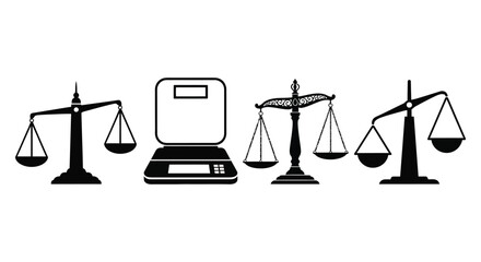 Diverse balance scales and digital scale representing justice law measurement and equilibrium vector