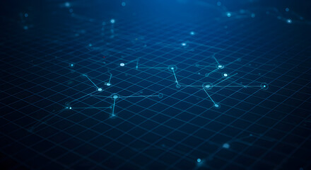 Digital Network Connections Forming a Glowing Web on a Deep Blue Grid Background