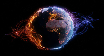 Digital Rendering Of Earth With Vibrant Glowing Lines Representing Data Transfer And Connectivity