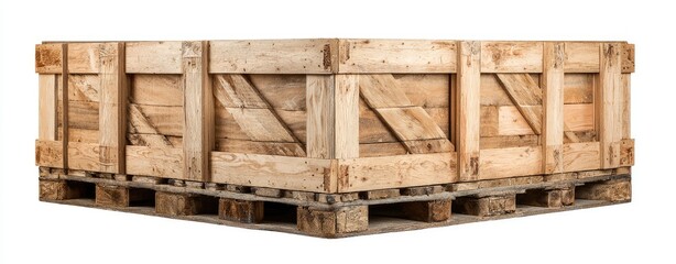Wooden crate on a pallet, light brown color,  rectangular shape, corner view