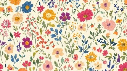 A vibrant and cheerful seamless pattern of various small wildflowers in a colorful, illustrative style on a light background