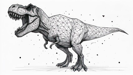 A stylized illustration of a Tyrannosaurus Rex, rendered as a wireframe or mesh structure, with a roaring mouth