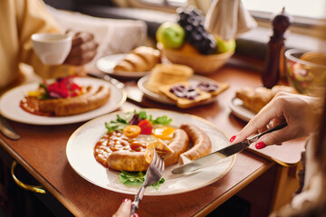 Delightful breakfast shared by a young loving couple during a cozy camping experience