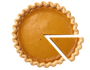 Homemade pumpkin pie with slice cut out isolated png transparent background