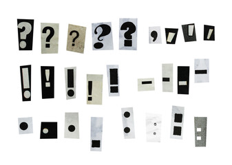 black and white collage symbols elements, exclamation mark, question mark