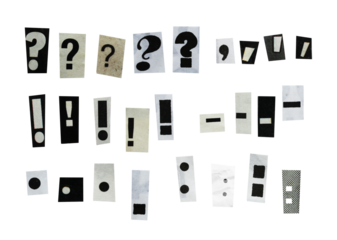 black and white collage symbols elements, exclamation mark, question mark