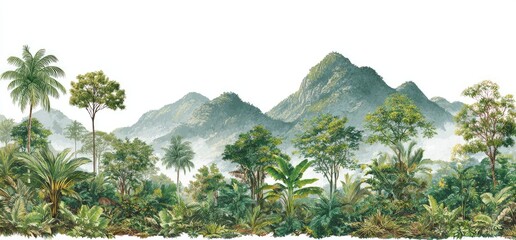 Lush tropical landscape with misty mountains