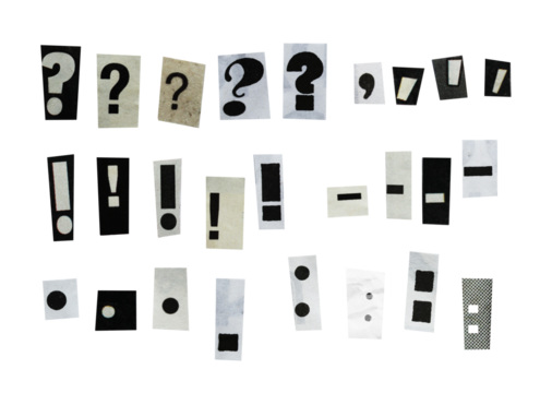 black and white collage symbols elements, exclamation mark, question mark