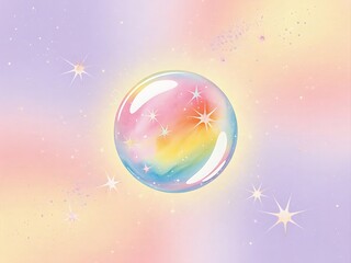 Iridescent rainbow bubble with sparkles on a pastel gradient background