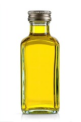 Small rectangular glass bottle, filled with golden-yellow liquid, capped with a light metal lid