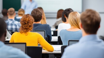 Fototapeta premium University Classroom: Students Attending Lecture, Engaging with Technology, Diverse Learning Environment, Academic Setting