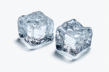 Two clear ice cubes on a white surface