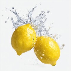 Two yellow lemons in mid-air, surrounded by water splashes