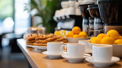Coffee and tea station with pastries and fruit during conference break in a hotel lounge. Ideal for advertising the hotel business, presenting it on the website.