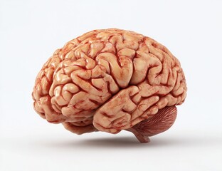 A detailed, realistic model of a human brain, presented in profile view against a plain white background.  The brain's surface shows textured folds and convolutions, and subtle reddish markings, 