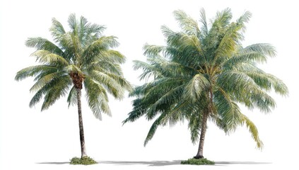 Two coconut palms against a white background.  Healthy, lush green fronds and trunks, isolated