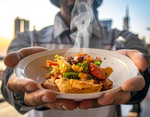 A person holding a plate of food outdoors