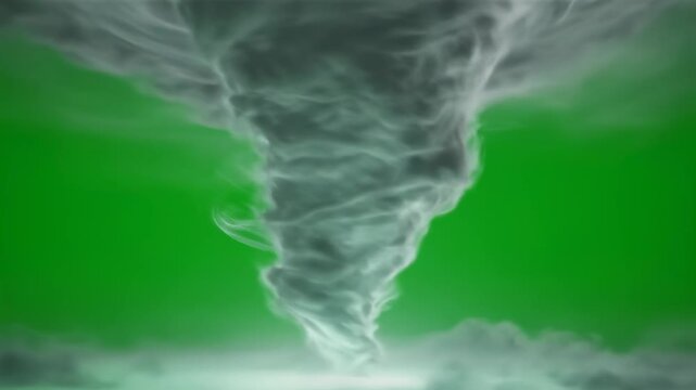 Powerful tornado vortex swirling with dramatic white clouds against a vibrant green screen background for easy compositing