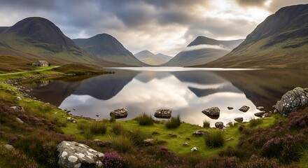 Serene Scottish Highlands Loch reflecting dramatic cloudy sky and rolling hills.