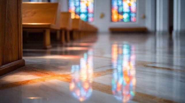 Serene view of stained glass reflections on polished marble flooring in church interior, with wooden pews and colorful windows creating peaceful atmosphere