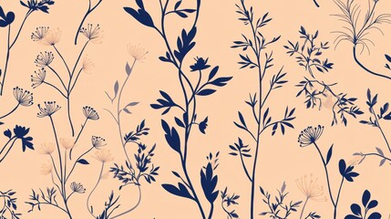 Seamless pattern of delicate botanical elements with dark blue silhouettes of leaves and branches against a soft peachy background