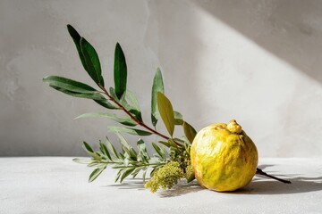 Lemon and greenery still life.  Soft light