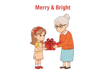Cartoon Illustration of a Girl Receiving a Red Gift Box.