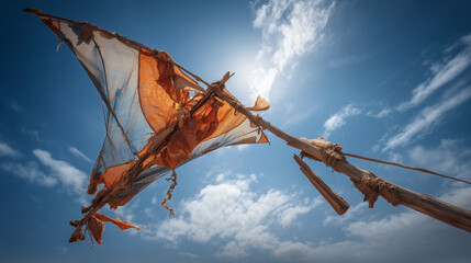 A large orange and blue kite is flying in the sky