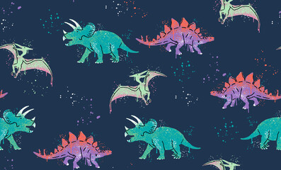 Cool dinosaur seamless pattern with a spray paint texture. Modern kids' background with Triceratops and Stegosaurus on a dark backdrop for boys' room decor, fabric, and wallpaper. © Creativezone