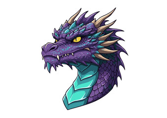 Majestic Purple Dragon Head with Teal Accents Sharp Teeth and Spiked Horns.