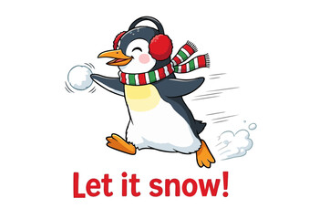 Cartoon Penguin Running with Snowball Wearing Earmuffs and Scarf.
