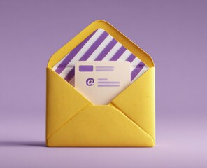 Open yellow envelope with a light beige card inside, featuring a purple at symbol.  Purple striped interior.  3D rendering on a muted purple background