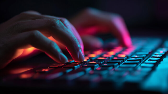 Hands typing on a backlit keyboard with red and blue lighting - Powered by Adobe