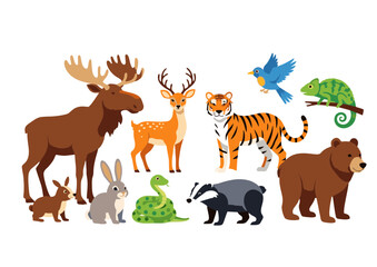 Collection of Various Cartoon Animals in Flat Vector Style.