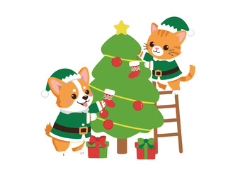 Cartoon Corgi and Tabby Cat Decorating Christmas Tree in Elf Costumes.
