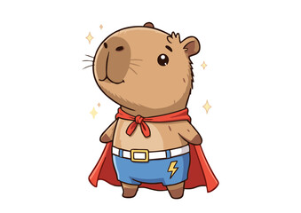 Cute Capybara Superhero in Red Cape and Blue Shorts.