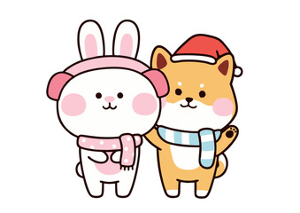 Adorable Cartoon Rabbit and Shiba Inu Dog Friends Wearing Winter Accessories.
