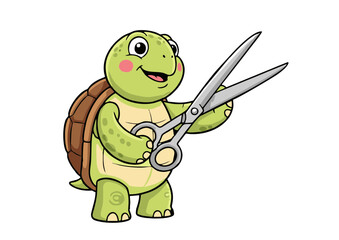 Cheerful Cartoon Turtle Holding Large Scissors.