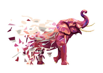 Abstract Polygonal Elephant with Trunk Raised Disintegrating Body Pink and Burgundy Hues.