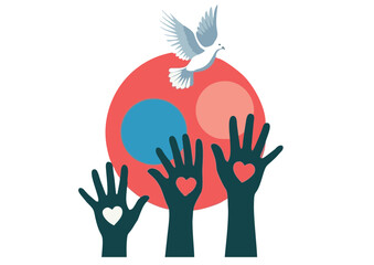 Dove Flying Above Hands with Heart Cutouts Graphic Illustration.
