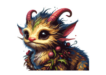 Adorable Fantasy Creature with Horns Big Eyes and Berries.