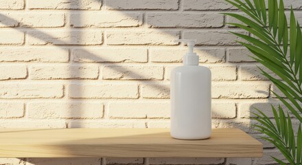 White Cosmetic Bottle With Pump Dispenser On Shelf Near Plant Leaves