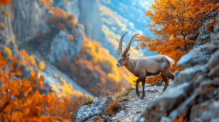 An ibex walking along a rocky path with autumn foliage in a mountainous landscape on a bright day on transparent background silhouette
