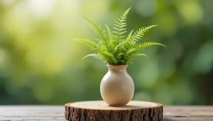 Single Potted Fern in a Small Ceramic Vase Resting on a Natural Wood Slice. A Beautiful, Minimalist Nature Still Life with Bright Green Bokeh Background, Ideal for Themes of Health, Freshness