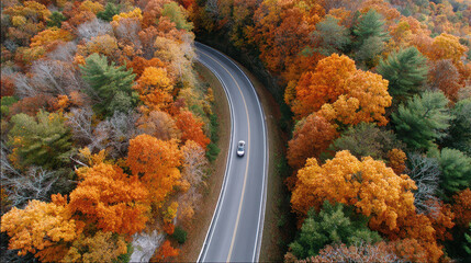 Drone shot of winding rural road surrounded by vibrant autumn foliage, with single car driving through scenic landscape. colorful trees create serene and picturesque atmosphere