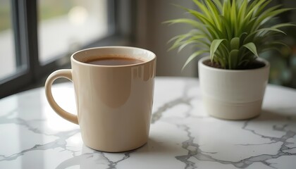 Cozy Coffee Break: Enjoying a Hot Drink and a Moment of Peace by the Window. The perfect blend of a warm beverage, simple decor, and a beautiful marble tabletop.