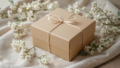 Elegant Square Gift Box Mockup in Soft Beige, Tied with Ribbon and Surrounded by Delicate White Blossoms on Draped Fabric. Perfect for Luxury E-commerce, Wedding Favors, Anniversary