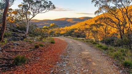 Scenic autumnal road winding through vibrant foliage and hills at sunset.