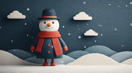 Cute snowman in red scarf on snowy winter landscape